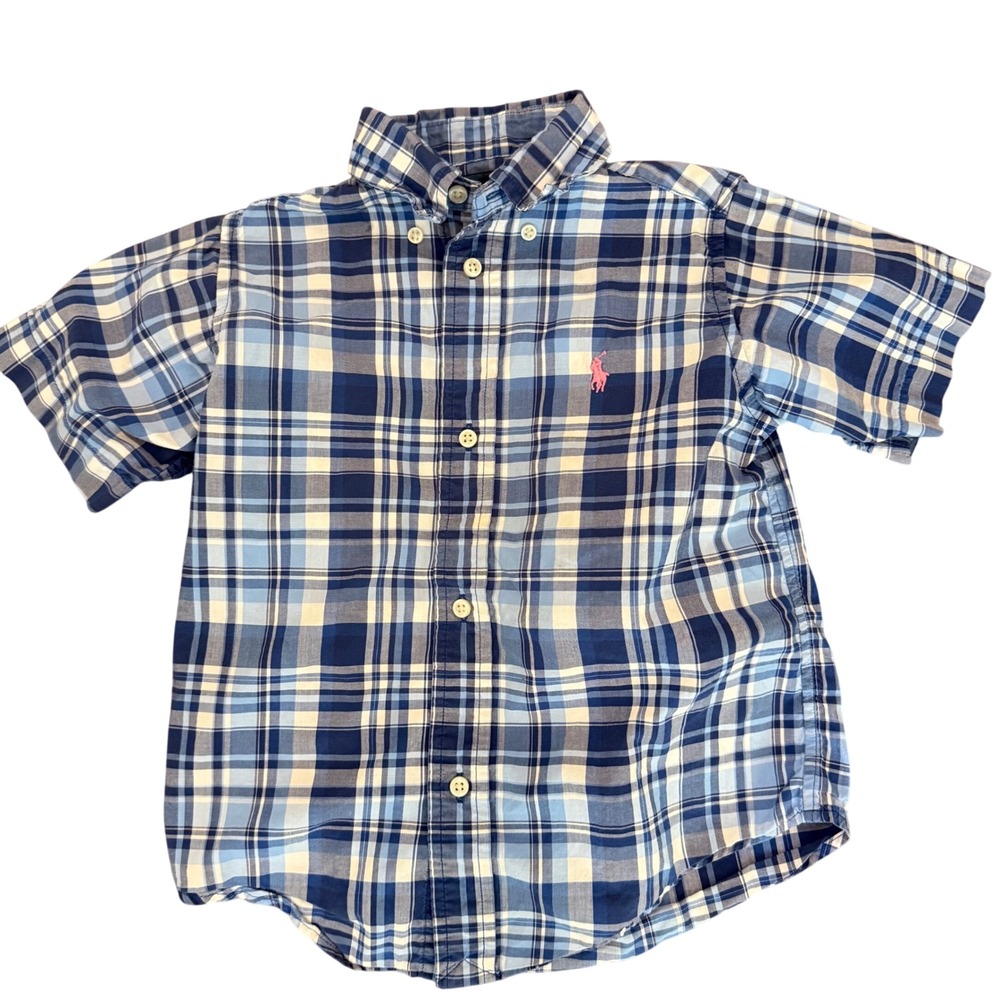 Ralph Lauren Toddler Boys 3T Blue Plaid‎ Short Sleeve Button Front Pink Pony